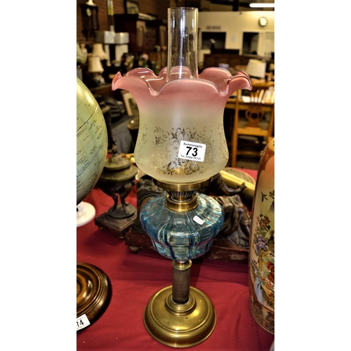 73 - Antique turquoise and pink rimmed brass oil lamp