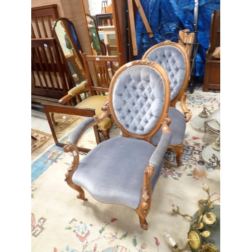 748 - Victorian walnut ladies and gents chairs