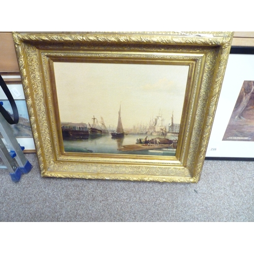 400m - Oil painting of a ship scene in gilt gold frame size is 16 inches x 20 inches.