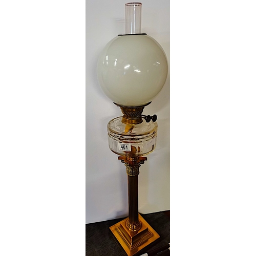 461 - Victorian Brass Corinthian Column Oil Lamp 80cm high in perfect condition