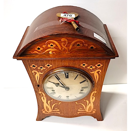 470 - Oak Deco Mantle Clock with Copper Inlay and 5 chimes marked 142702 with key and pendulum height 45cm... 