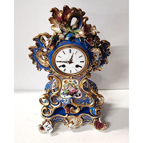 472 - Leroy of Paris Ceramic Mantle Clock with Ornate Flower Decorate 42cm (slight damage)