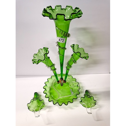 473 - Green Glass Victorian Epergne (damaged)to two branches  56cm