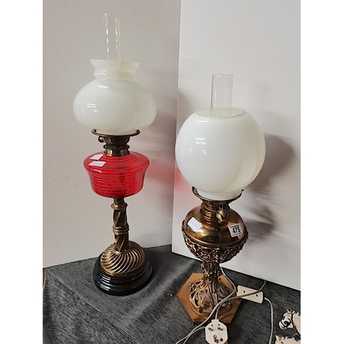 475 - Brass Converted Oil Lamp & Vict Red Glass Brass Oil Lamp both no damage