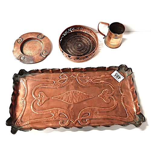 485 - Arts and Crafts style Copper Tray Marked Romola & Plate + Wine Coaster & Tankard