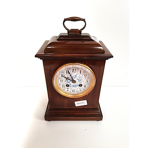 514 - French Mahogany with porcelain face mantle Clock Pendulum no key marked Narc Paris good condition... 