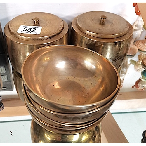 552 - 2 x vintage Brass Lidded Jars & 4 Bowls