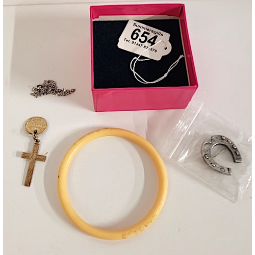 654 - Silver Chain, Gold Cross, Horseshoe Brooch, Bangle