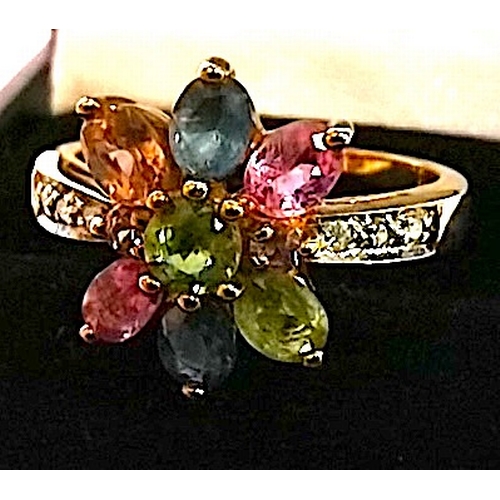 702 - 9ct gold 375 cluster ring with pink, green, blue petal stones with ridged white stone shoulders size... 