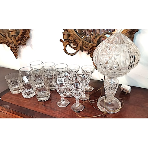 904 - Antique glasses and cut glass table lamp