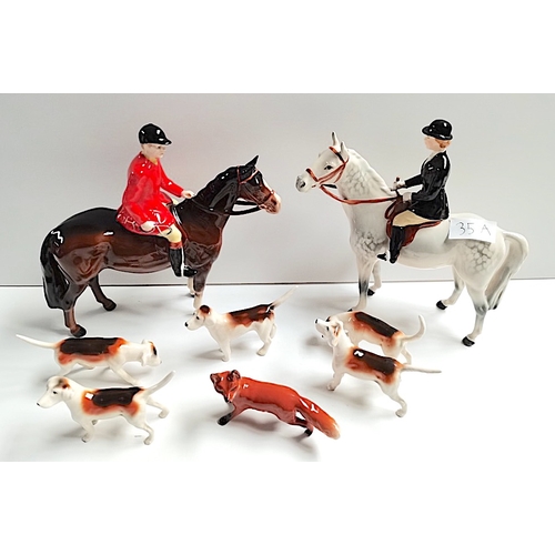 35A - Beswick Huntsman, Beswick Huntswoman on Grey Horse, 5 hounds & Fox (1 hound leg repaired)