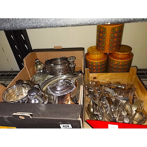 424 - Plated Items, Cutlery & 3 Hornsea Storage Jars