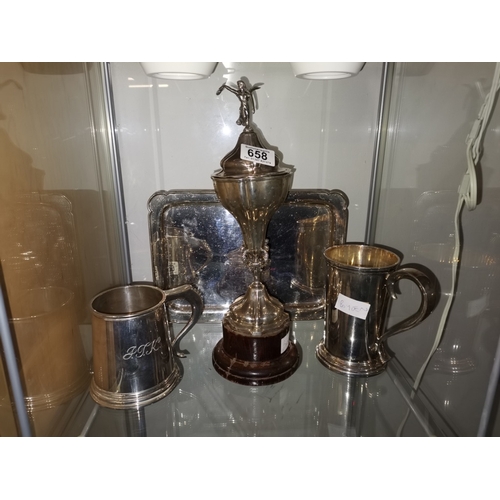 658 - Solid Silver Tankard  , Trophy  and tray 1338g Wiltshire Golf Club 1946. Presidents prize presented ... 