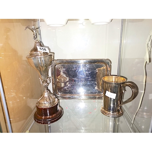 658 - Solid Silver Tankard  , Trophy  and tray 1338g Wiltshire Golf Club 1946. Presidents prize presented ... 