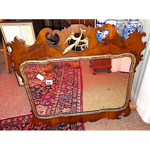 980 - Antique Mahogany and gilt wall mirror with Phoenix decoration in the style of Chippendale