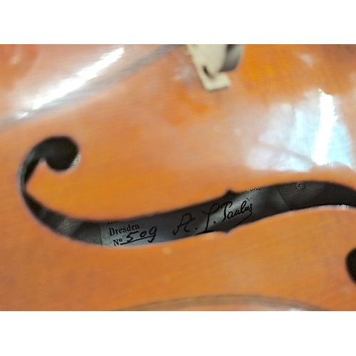 512 - Violin signed & made in Dresden with 2 x bowls & crocodile style case marked no. 509 signed... 