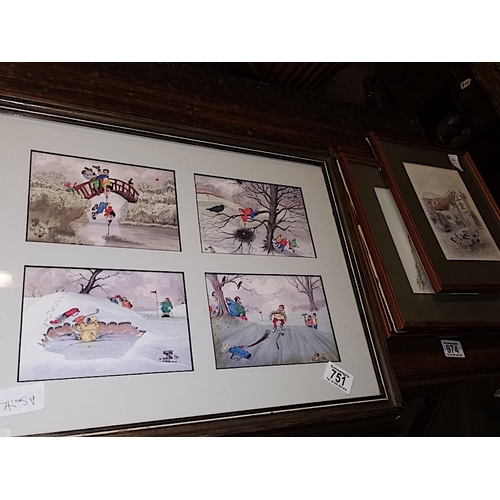 751 - Cartoon character of Golfers by Hope plus 4 x prints of sea side scenes