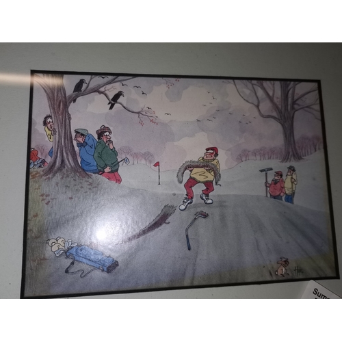 751 - Cartoon character of Golfers by Hope plus 4 x prints of sea side scenes