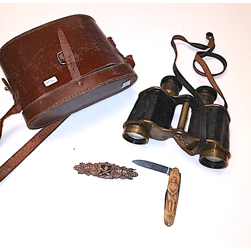 730a - Ross of London no.51830 binoculars, plus Drittes Reich SS marked penknife and German brass badge