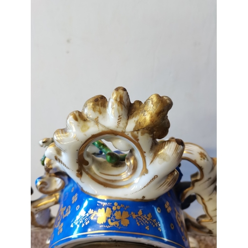 472 - Leroy of Paris Ceramic Mantle Clock with Ornate Flower Decorate 42cm (slight damage)