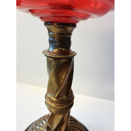 475 - Brass Converted Oil Lamp & Vict Red Glass Brass Oil Lamp both no damage