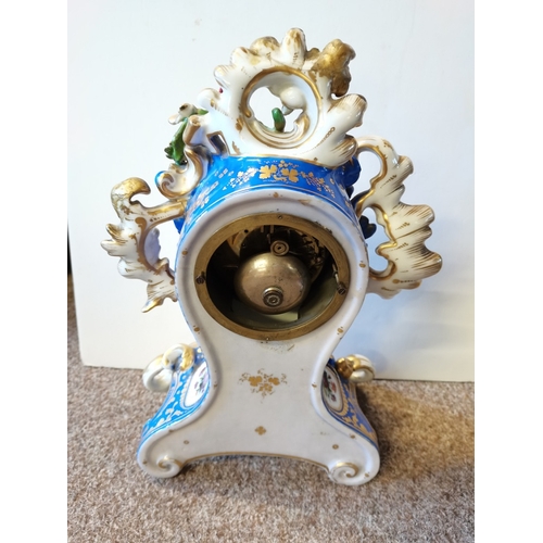 472 - Leroy of Paris Ceramic Mantle Clock with Ornate Flower Decorate 42cm (slight damage)