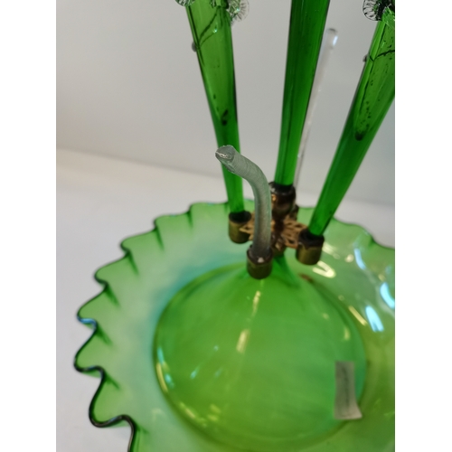 473 - Green Glass Victorian Epergne (damaged)to two branches  56cm