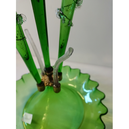 473 - Green Glass Victorian Epergne (damaged)to two branches  56cm