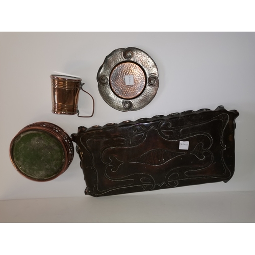 485 - Arts and Crafts style Copper Tray Marked Romola & Plate + Wine Coaster & Tankard