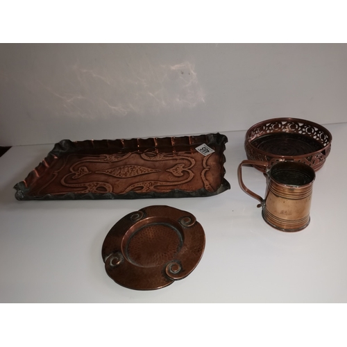 485 - Arts and Crafts style Copper Tray Marked Romola & Plate + Wine Coaster & Tankard