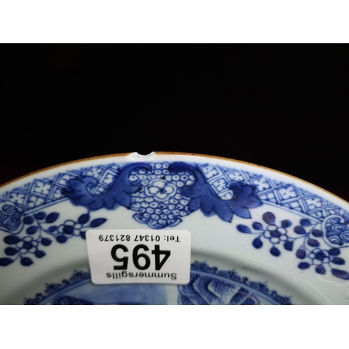 495 - 2 x Early Chinese Blue & White willow style plates ( chip to circular plate )32cm x 25 and 15cm diam... 