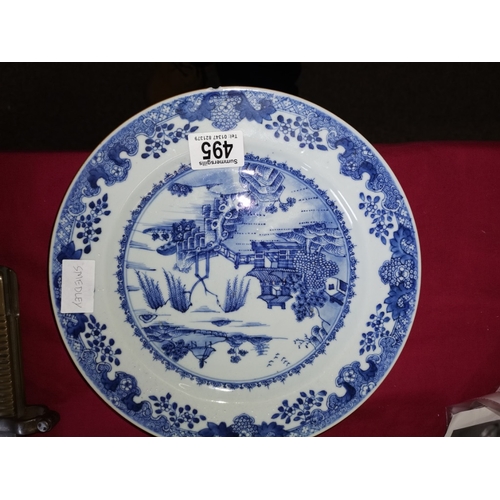 495 - 2 x Early Chinese Blue & White willow style plates ( chip to circular plate )32cm x 25 and 15cm diam... 