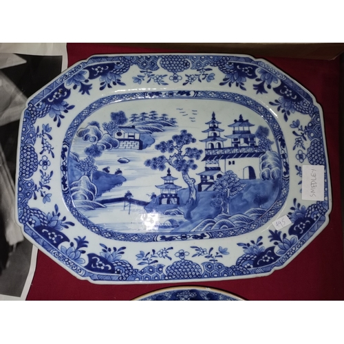 495 - 2 x Early Chinese Blue & White willow style plates ( chip to circular plate )32cm x 25 and 15cm diam... 