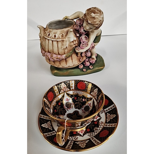 925j - Austrian imperial Amphora no 138943 pot with cherub and Crown Derby style cup and saucer