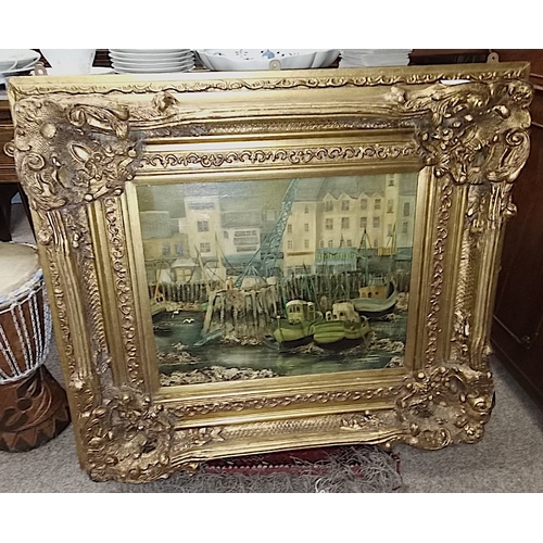 925i - Large oil painting of Boat in Harbour in gilt frame