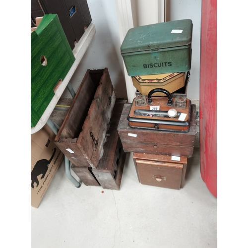 358 - Filing drawer, old tins etc