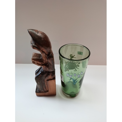 777 - Antique glasses and carved sculptures x 3