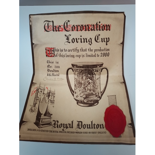 791 - Royal Doulton George VI Coronation loving cup limited edition 388/ 2000 with certificate exc. Cond