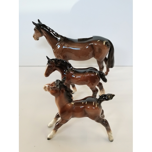 46 - Beswick huntsman's horse in brown, small shire foal in brown and large stretched foal in brown