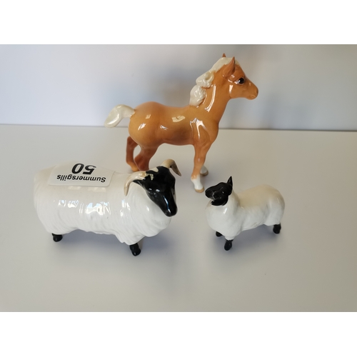 50 - Beswick sheep, Beswick lamb and Beswick comical foal in Palomino ( Small restoration on all 3)