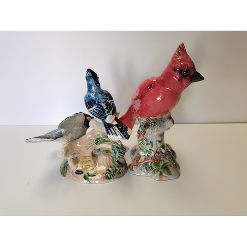 48 - Red Beswick Cardinal bird with 2 American blue Jays