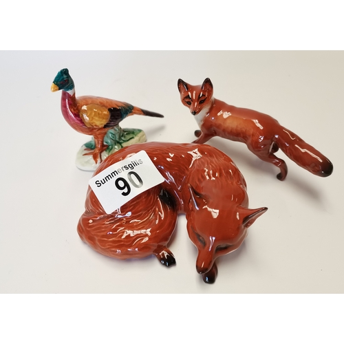 90 - Beswick lying fox, small running fox and 2nd version small pheasant