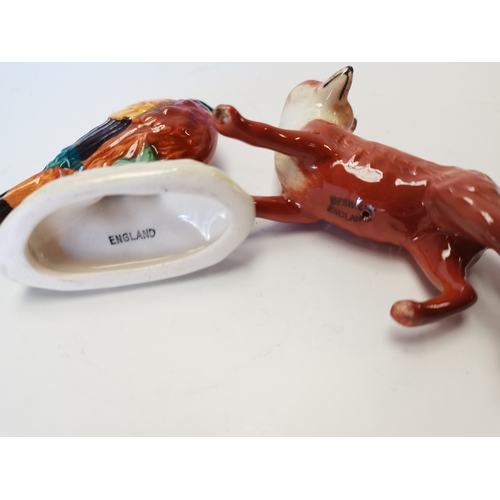 90 - Beswick lying fox, small running fox and 2nd version small pheasant