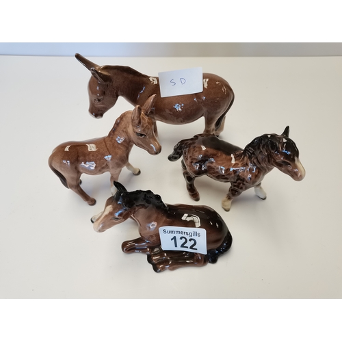 122 - Beswick Donkey Jenny and Donkey Foal, Shetland Foal in brown and lying foal in brown model no. 915