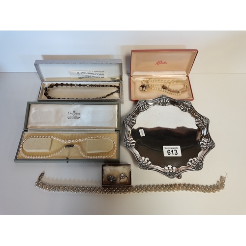 613 - 21cm silver salver 459g plus pearl jewellery