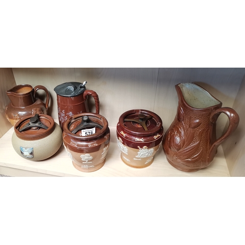 576 - 3 pottery salt glazed style jugs and 3 jars