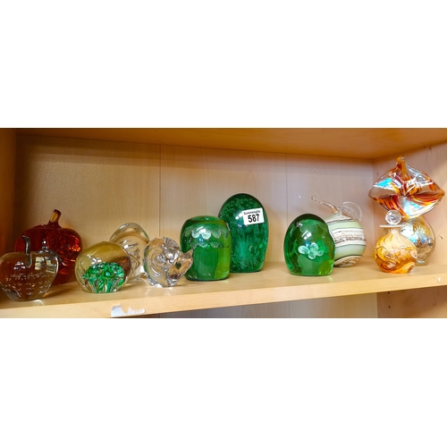 587 - 3 glass dumps, 6 paperweights and vase etc