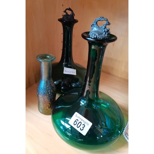 603 - Pair of green glass decanters and Adrian Sankey vase 15cm VGC