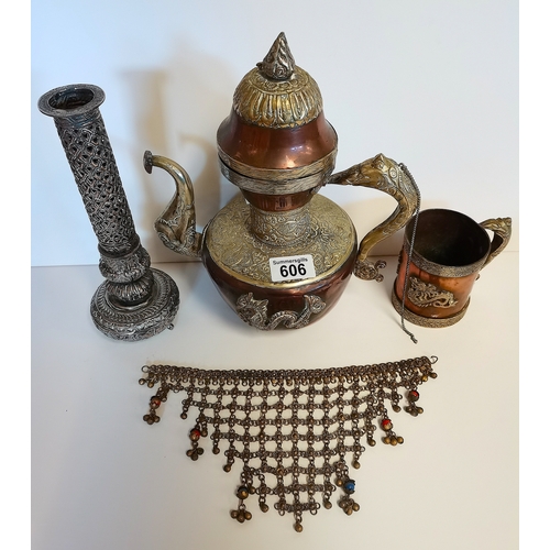 606 - Oriental necklace, vase, tea pot and mug