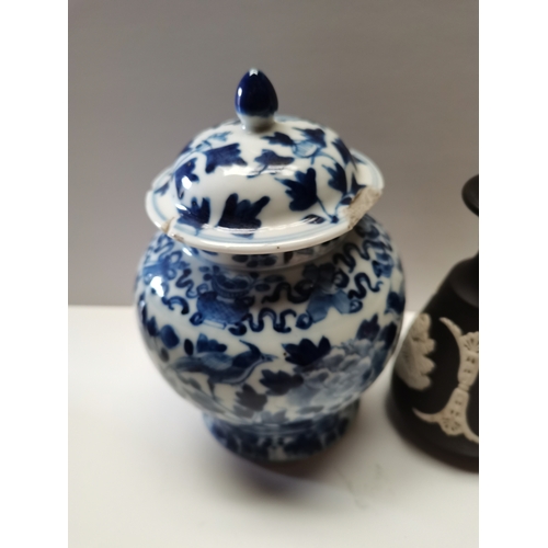 799a - Chinese blue and white vase with 4 character marks, Delft vase, Staffordshire small dogs etc